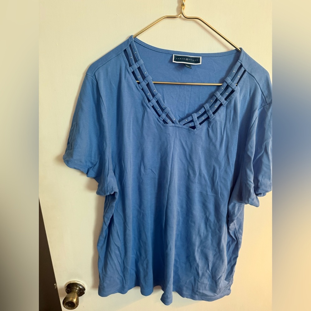 Karen Scott Women's Short Sleeve Top in Blue with Lattice Neckline